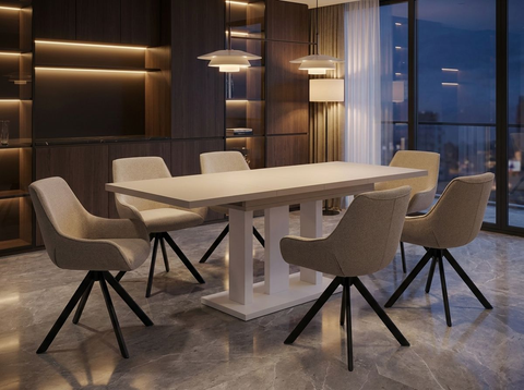 Essgruppe Appia White - Kaschmir-Beige mit 6 Stühlen in Leinen Greige für 6 Personen