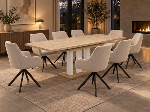 Essgruppe Appia White - Eiche Cremona mit 8 Stühlen in Leinen Beige für 8 Personen
