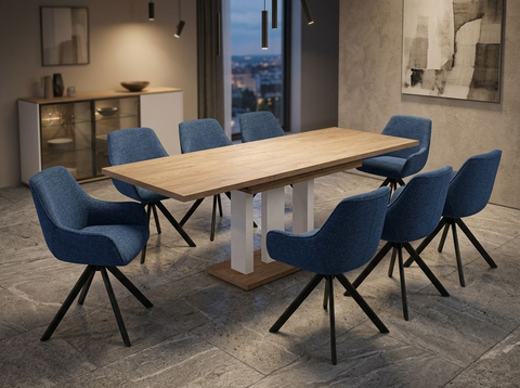 Essgruppe Appia White - Eiche Cremona mit 8 Stühlen in Chenille Dunkelblau für 8 Personen
