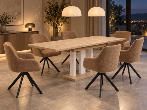 Essgruppe Appia White - Eiche Cremona mit 6 Stühlen in Chenille Orange für 6 Personen