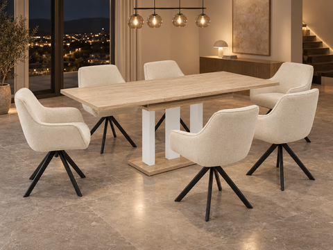 Essgruppe Appia White - Eiche Cremona mit 6 Stühlen in Chenille Cremeweiß für 6 Personen