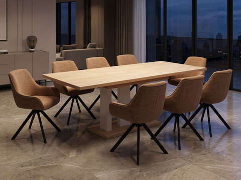 Essgruppe Appia White - Eiche Cremona mit 8 Stühlen in Chenille Orange für 8 Personen