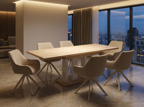 Essgruppe Appia White - Eiche Cremona mit 6 Stühlen in Leinen Beige mit beigem Gestell für 6 Personen