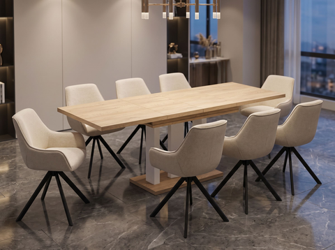 Essgruppe Appia White - Eiche Cremona mit 8 Stühlen in Chenille Cremeweiß für 8 Personen