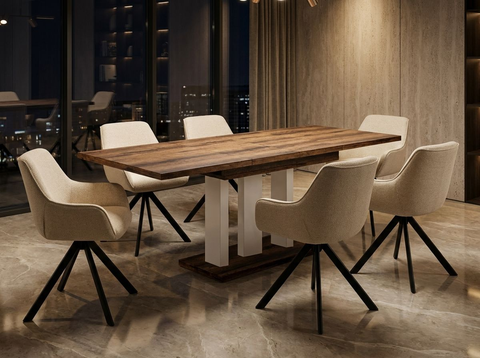 Essgruppe Appia White - Eiche Monastery mit 6 Stühlen in Chenille Cremeweiß für 6 Personen