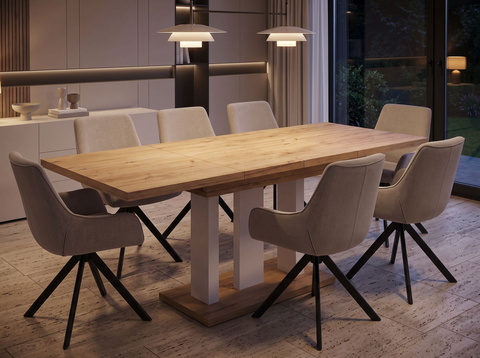 Essgruppe Appia White - Eiche Natur mit 6 Stühlen in Leinen Beige für 6 Personen