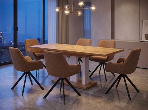 Essgruppe Appia White - Eiche Natur mit 6 Stühlen in Chenille Orange für 6 Personen