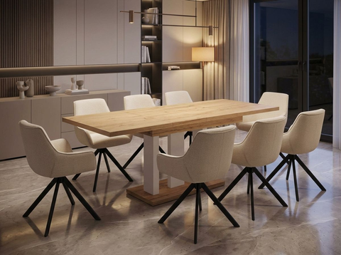 Essgruppe Appia White - Eiche Natur mit 8 Stühlen in Chenille Cremeweiß für 8 Personen