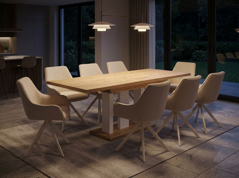 Essgruppe Appia White - Eiche Natur mit 8 Stühlen in Leinen Beige mit beigem Gestell für 8 Personen