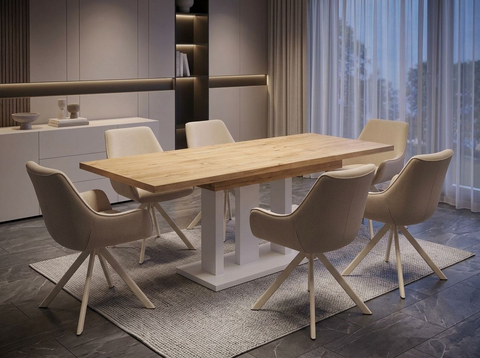 Essgruppe Appia White - Eiche Natur mit 6 Stühlen in Leinen Beige mit beigem Gestell für 6 Personen