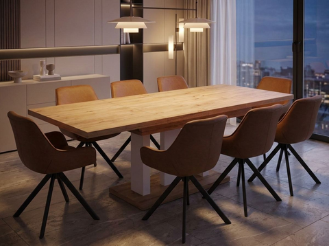 Essgruppe Appia White - Eiche Natur mit 8 Stühlen in Kunstleder Braun für 8 Personen