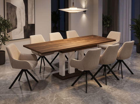 Essgruppe Appia White - Eiche Stirling mit 8 Stühlen in Leinen Beige für 8 Personen