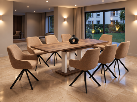Essgruppe Appia White - Eiche Stirling mit 8 Stühlen in Chenille Orange für 8 Personen