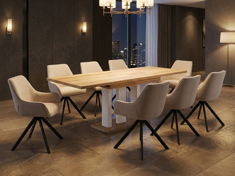 Essgruppe Appia White - Eiche Wotan mit 8 Stühlen in Leinen Beige für 8 Personen