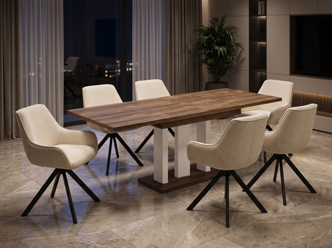 Essgruppe Appia White - Eiche Stirling mit 6 Stühlen in Chenille Cremeweiß für 6 Personen