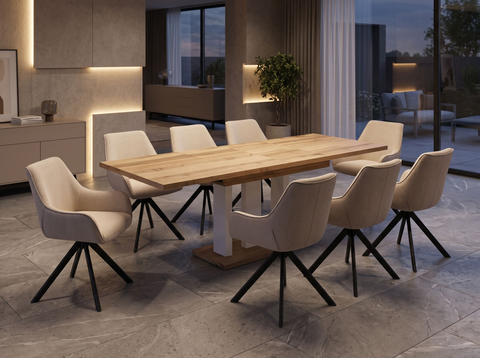 Essgruppe Appia White - Eiche Wotan mit 8 Stühlen in Leinen Beige für 8 Personen