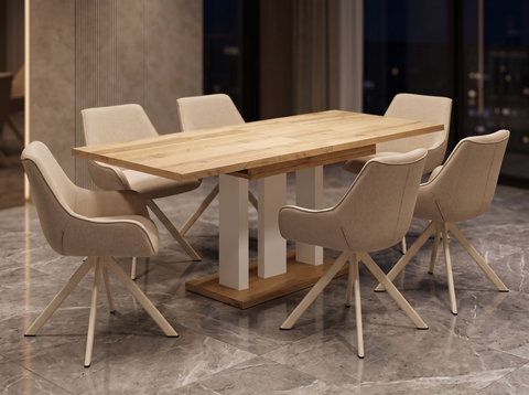Essgruppe Appia White - Eiche Wotan mit 6 Stühlen in Leinen Beige mit beigem Gestell für 6 Personen