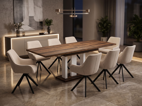 Essgruppe Appia White - Eiche Monastery mit 8 Stühlen in Leinen Beige für 8 Personen