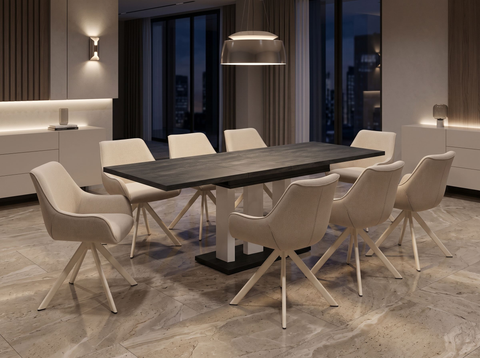 Essgruppe Appia White - Beton Dunkel mit 8 Stühlen in Leinen Beige mit beigem Gestell für 8 Personen