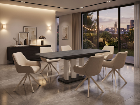 Essgruppe Appia White - Beton Dunkel mit 6 Stühlen in Leinen Beige mit beigem Gestell für 6 Personen
