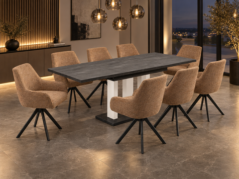 Essgruppe Appia White - Beton Dunkel mit 8 Stühlen in Chenille Orange für 8 Personen