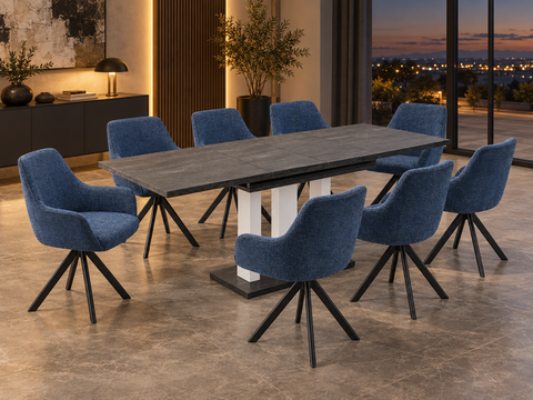 Essgruppe Appia White - Beton Dunkel mit 8 Stühlen in Chenille Dunkelblau für 8 Personen