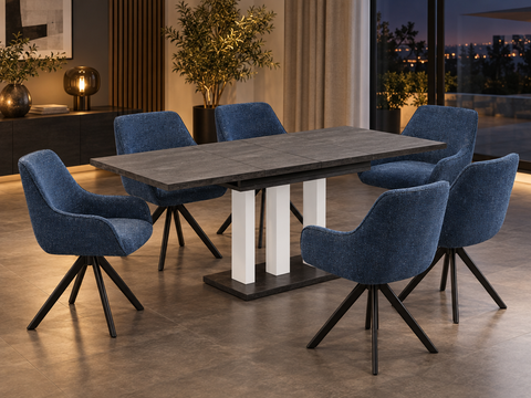 Essgruppe Appia White - Beton Dunkel mit 6 Stühlen in Chenille Dunkelblau für 6 Personen