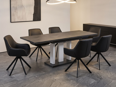 Essgruppe Appia White - Beton Dunkel mit 6 Stühlen in Kunstleder Schwarz für 6 Personen