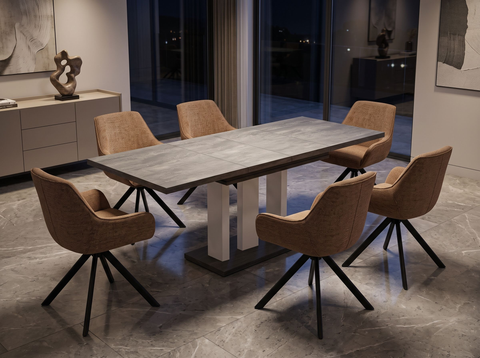 Essgruppe Appia White - Beton Dunkel mit 6 Stühlen in Chenille Orange für 6 Personen
