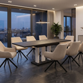 Essgruppe Appia White - Beton Dunkel mit 8 Stühlen in Leinen Beige für 8 Personen