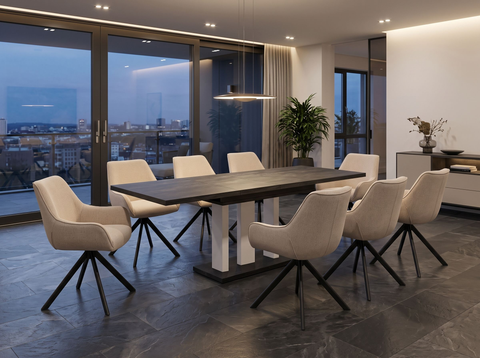 Essgruppe Appia White - Beton Dunkel mit 8 Stühlen in Leinen Beige für 8 Personen