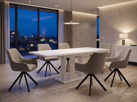 Essgruppe Appia White - Weiss Hochglanz mit 6 Stühlen in Leinen Beige für 6 Personen