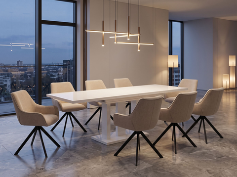 Essgruppe Appia White - Weiss Hochglanz mit 8 Stühlen in Leinen Beige für 8 Personen