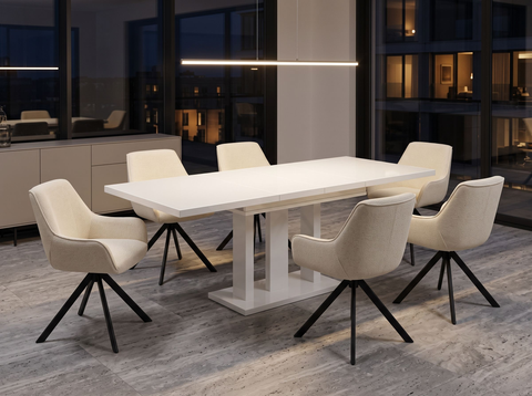 Essgruppe Appia White - Weiss Hochglanz mit 6 Stühlen in Chenille Cremeweiß für 6 Personen
