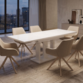 Essgruppe Appia White - Weiss Hochglanz mit 6 Stühlen in Leinen Beige mit beigem Gestell für 6 Personen