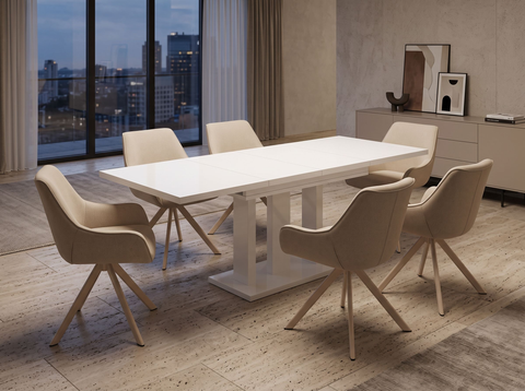 Essgruppe Appia White - Weiss Hochglanz mit 6 Stühlen in Leinen Beige mit beigem Gestell für 6 Personen