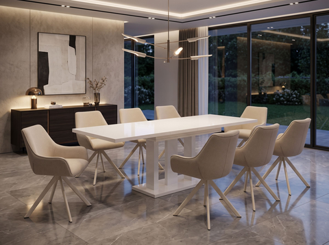 Essgruppe Appia White - Weiss Hochglanz mit 8 Stühlen in Leinen Beige mit beigem Gestell für 8 Personen