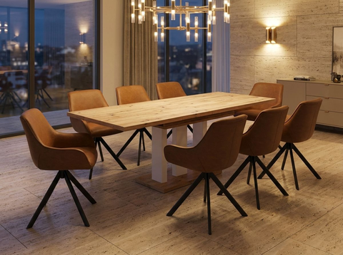 Essgruppe Appia White - Eiche Artisan mit 8 Stühlen in Kunstleder Braun für 8 Personen