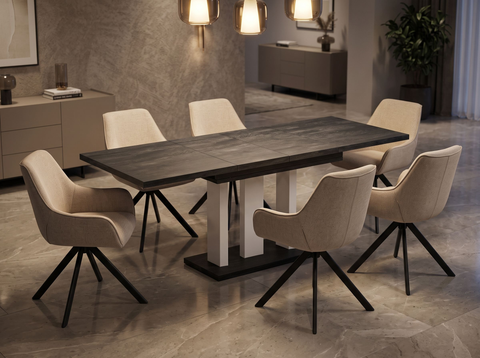 Essgruppe Appia White - Beton Dunkel mit 6 Stühlen in Leinen Beige für 6 Personen