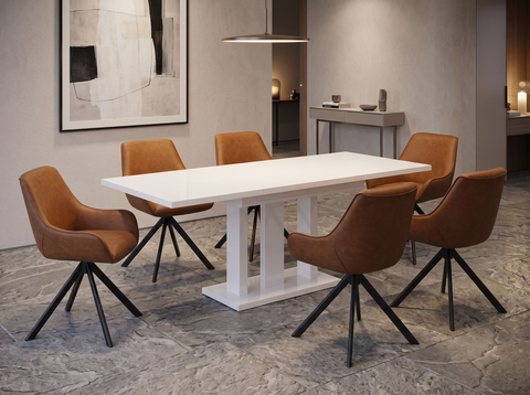 Essgruppe Appia White - Weiss Hochglanz mit 6 Stühlen in Kunstleder Braun für 6 Personen
