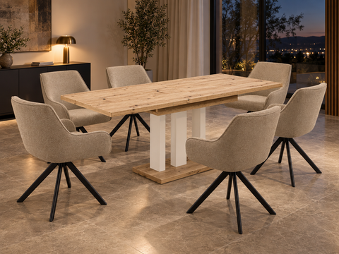 Essgruppe Appia White - Eiche Artisan mit 6 Stühlen in Leinen Greige für 6 Personen