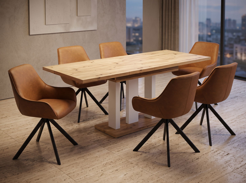 Essgruppe Appia White - Eiche Artisan mit 6 Stühlen in Kunstleder Braun für 6 Personen