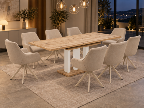 Essgruppe Appia White - Eiche Artisan mit 8 Stühlen in Leinen Beige mit beigem Gestell für 8 Personen