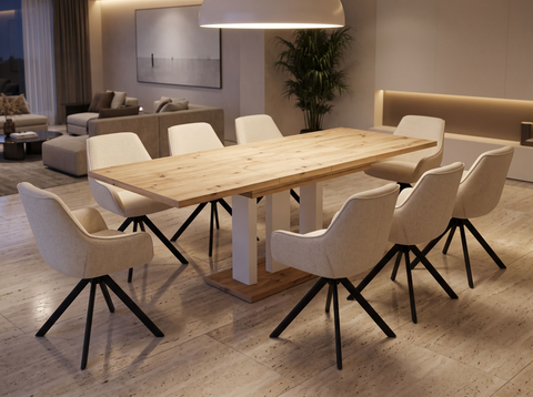 Essgruppe Appia White - Eiche Artisan mit 8 Stühlen in Chenille Cremeweiß für 8 Personen