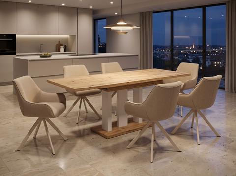 Essgruppe Appia White - Eiche Artisan mit 6 Stühlen in Leinen Beige mit beigem Gestell für 6 Personen
