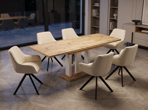 Essgruppe Appia White - Eiche Artisan mit 6 Stühlen in Chenille Cremeweiß für 6 Personen