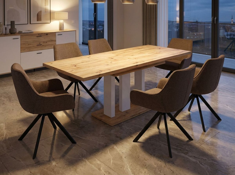 Essgruppe Appia White - Eiche Artisan mit 6 Stühlen in Leinen Braun für 6 Personen
