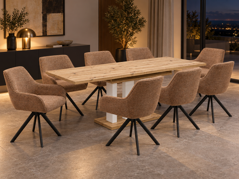 Essgruppe Appia White - Eiche Artisan mit 8 Stühlen in Chenille Orange für 8 Personen