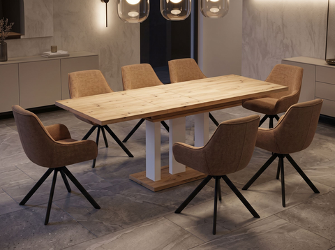 Essgruppe Appia White - Eiche Artisan mit 6 Stühlen in Chenille Orange für 6 Personen
