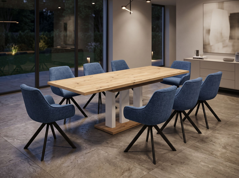 Essgruppe Appia White - Eiche Artisan mit 8 Stühlen in Chenille Dunkelblau für 8 Personen